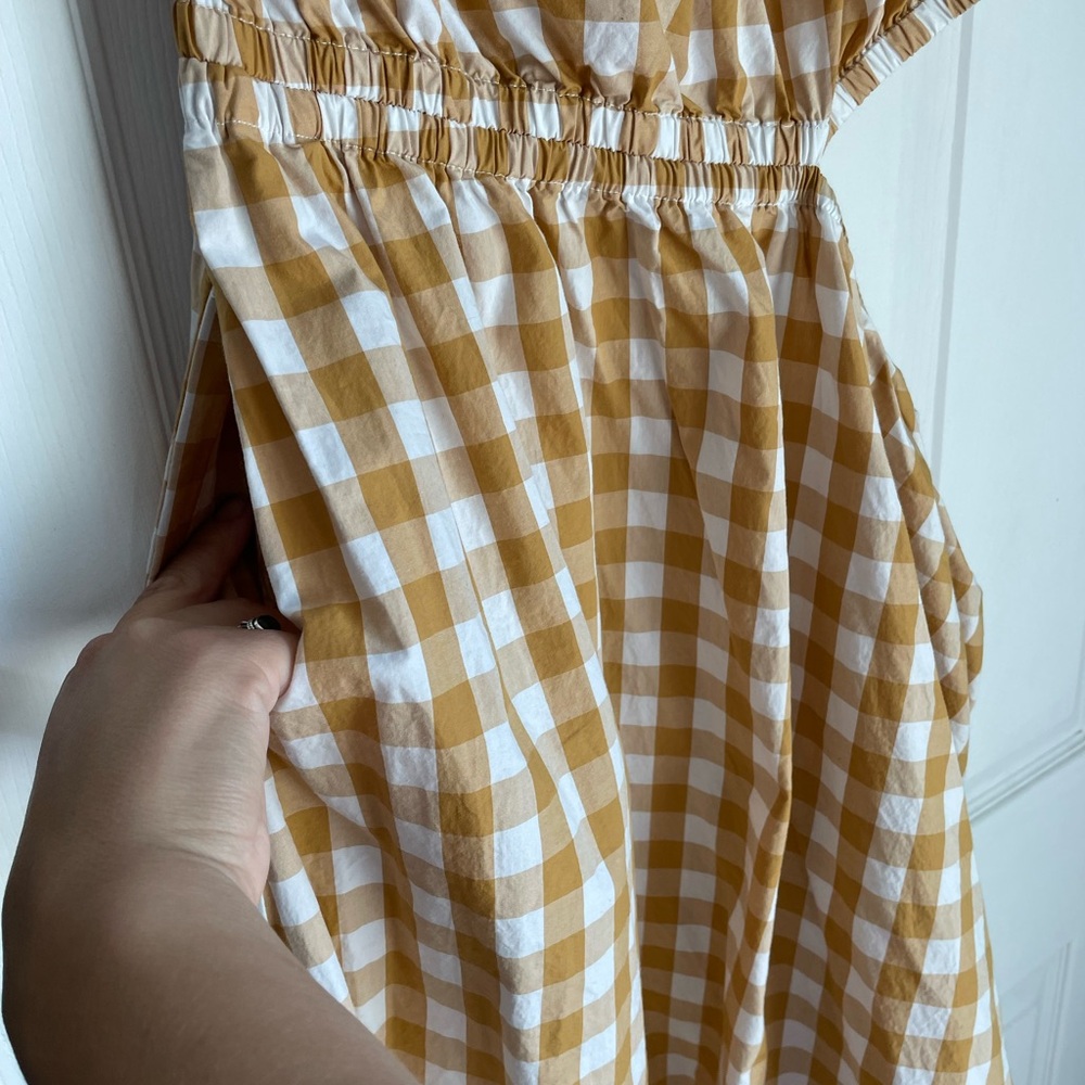Gingham Off-Shoulder Dress in Mustard Yellow and White - Picture 4 of 5